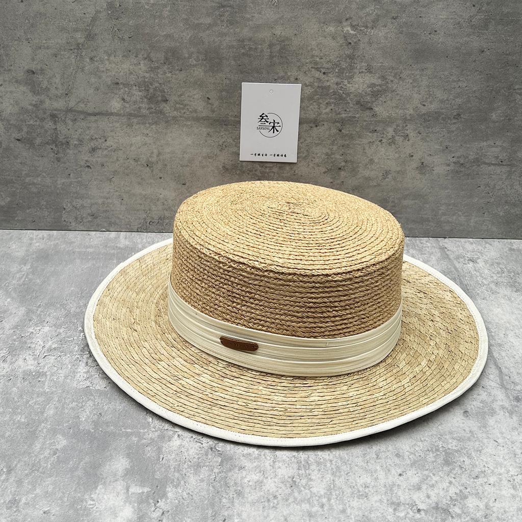 Light Luxury French Palm Leaf Flat Top Straw Hat Women'S Summer Sunshade Top Hat Seaside Vacation Raffia Hat