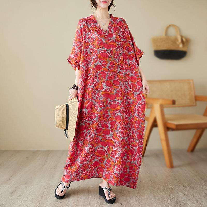 Real shot summer thin cotton and linen v-neck large size loose literary beach dress retro long robe