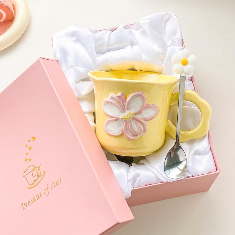 Ins Style High Value Flower Mug Girls Office Ceramic Drinking Cup Korean Coffee Cup Milk Cup