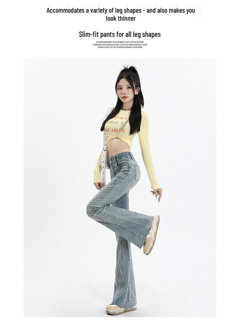 Women's Retro High-Waist Elastic Denim Flare Pants with Double Button Design