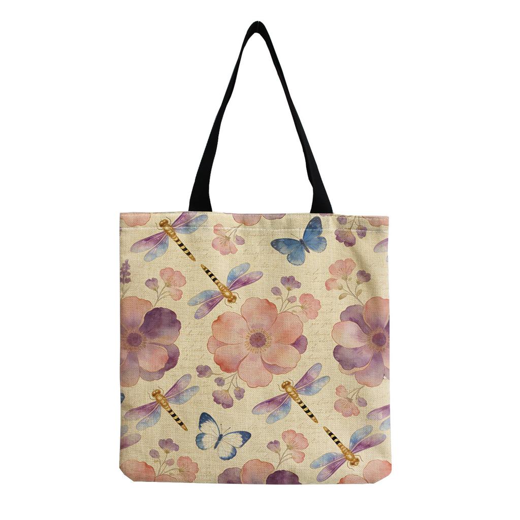 Women Vintage Linen Tote Bag - Large Capacity Dragonfly Print Shoulder Handbag for Casual & Grocery Shopping KTB