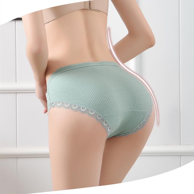 Women's Korean-Style Ribbed All-Cotton Mid-Waist Triangle Briefs with Pure Cotton Crotch