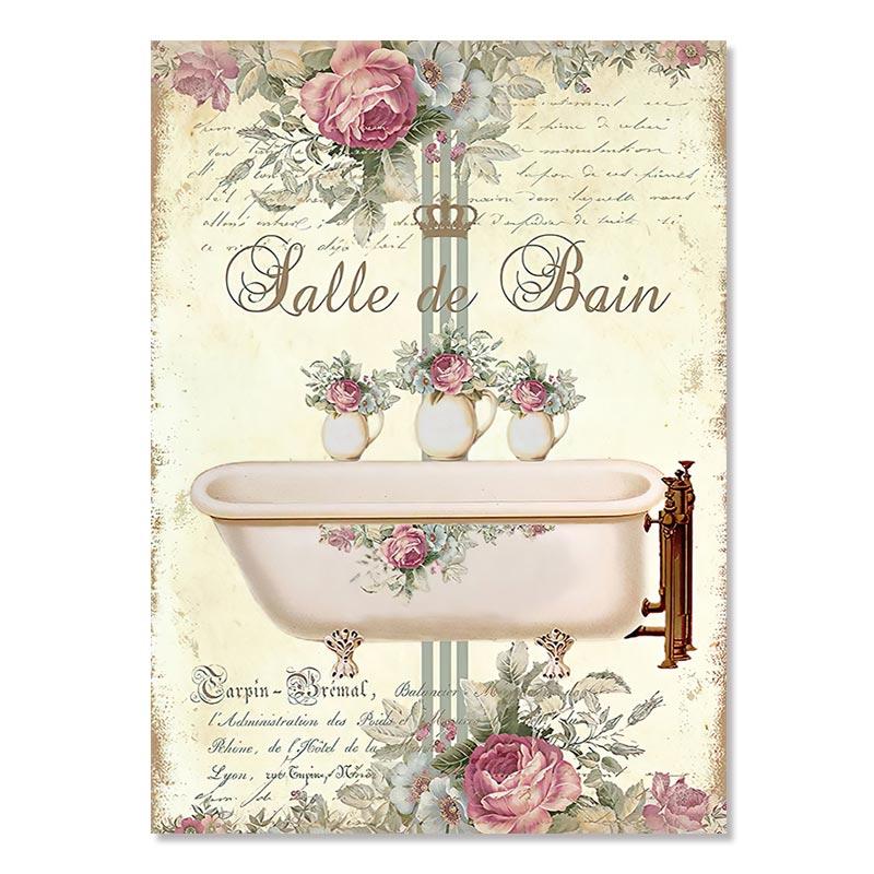Vintage French Style Posters Bathroom Bathtub Canvas Painting Decoration Watercolor Floral Room Decor Wall Art Painting Pictures