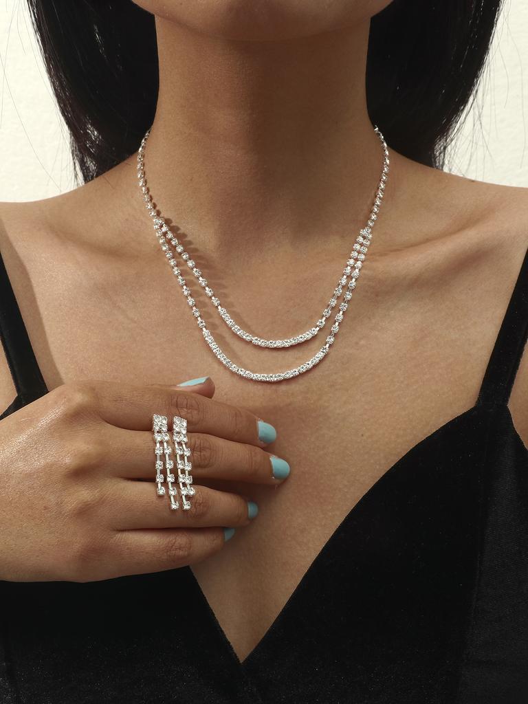 Fashion Accessories Rhinestone Necklace Earrings Set, Piece Earrings Two-piece Set