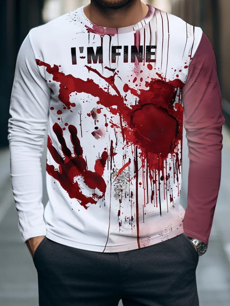 Spooky Long-sleeve T-shirt with Blood Splatter Print, Ideal for Halloween Events.
