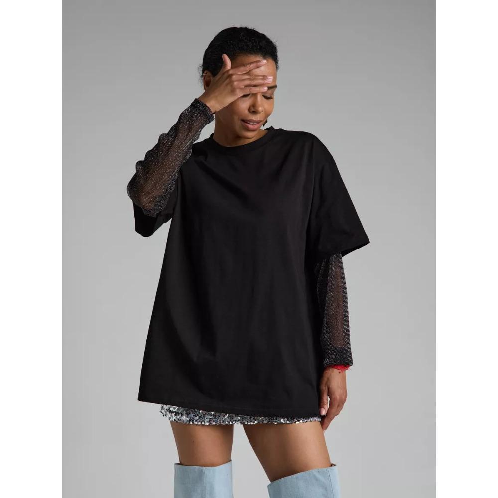 Hirsionsan Bavlněné tričko Dámské 2025 Léto Nadměrné Velikosti Patchwork z Jasného Hedvábí Dlouhý Rukáv Ležérní Volné Tričko Šik Dámské Topy