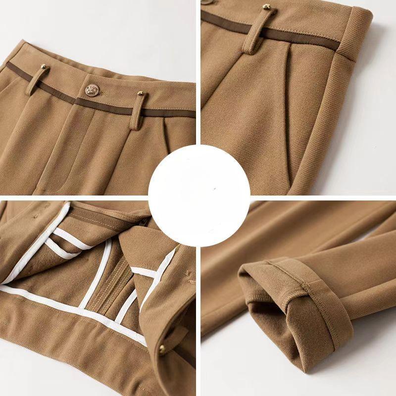 Luxurious Apricot Woolen Trousers for Women: Elegant High Waist, Skinny Cigarette-style Cut, Perfect for Autumn and Spring Seasons