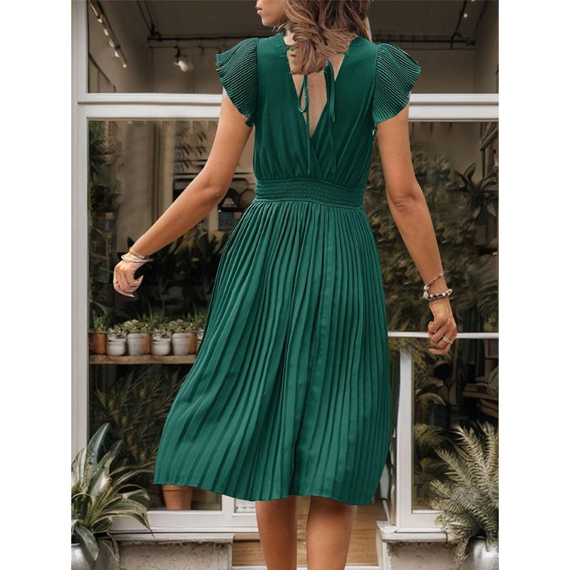 Women's Summer Pleated Skirt Elegant Short-sleeved Solid Color Dress