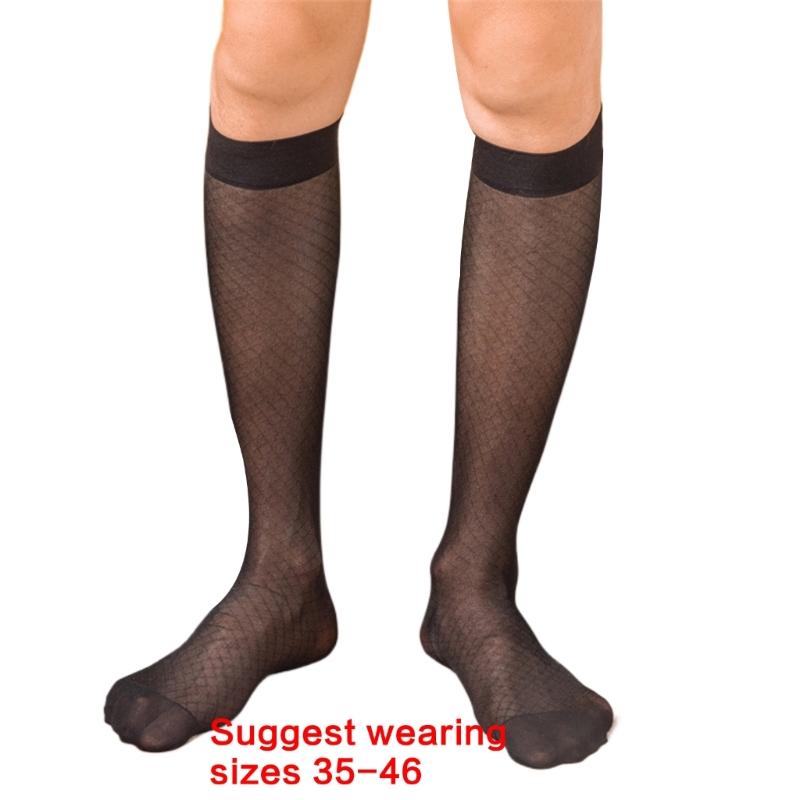 Elegant Mens Sheer Diamond Pattern Dress Socks See Through Nylon Business Formal Wear Thin Long Tube Over the Calf Socks