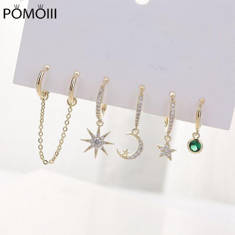 Dazzling Moon Star Double Ear Hole Earrings Sets Mosaic Cubic Zircon Hoop Earring For Women 5-piece Sets S-E1091