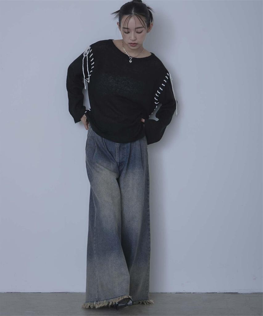 Miette Overdyed Denim Pants with Fringe At the Size RFXT0274 Wide-Leg Hem, Women's M, Blue,