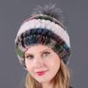 Women's Fur Hat with Rex Rabbit and Fox Fur Pompon for Autumn and Winter