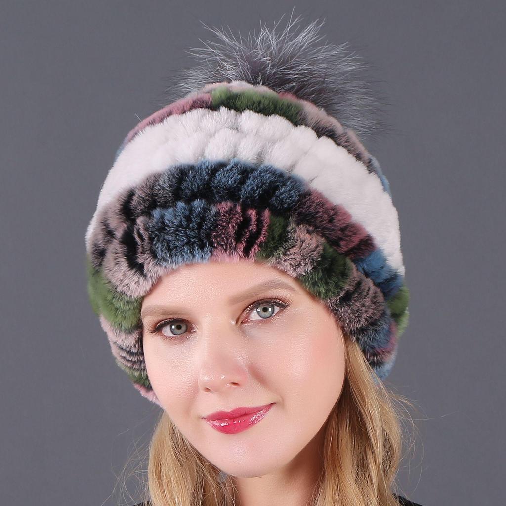 Women's Fur Hat with Rex Rabbit and Fox Fur Pompon for Autumn and Winter