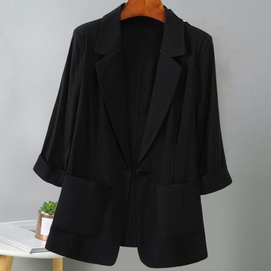 Women Summer Suit Coat Lapel 3/4 Sleeve Slim Fit Casual Jacket Single Button Flap Pockets Solid Color Sunscreen Coat