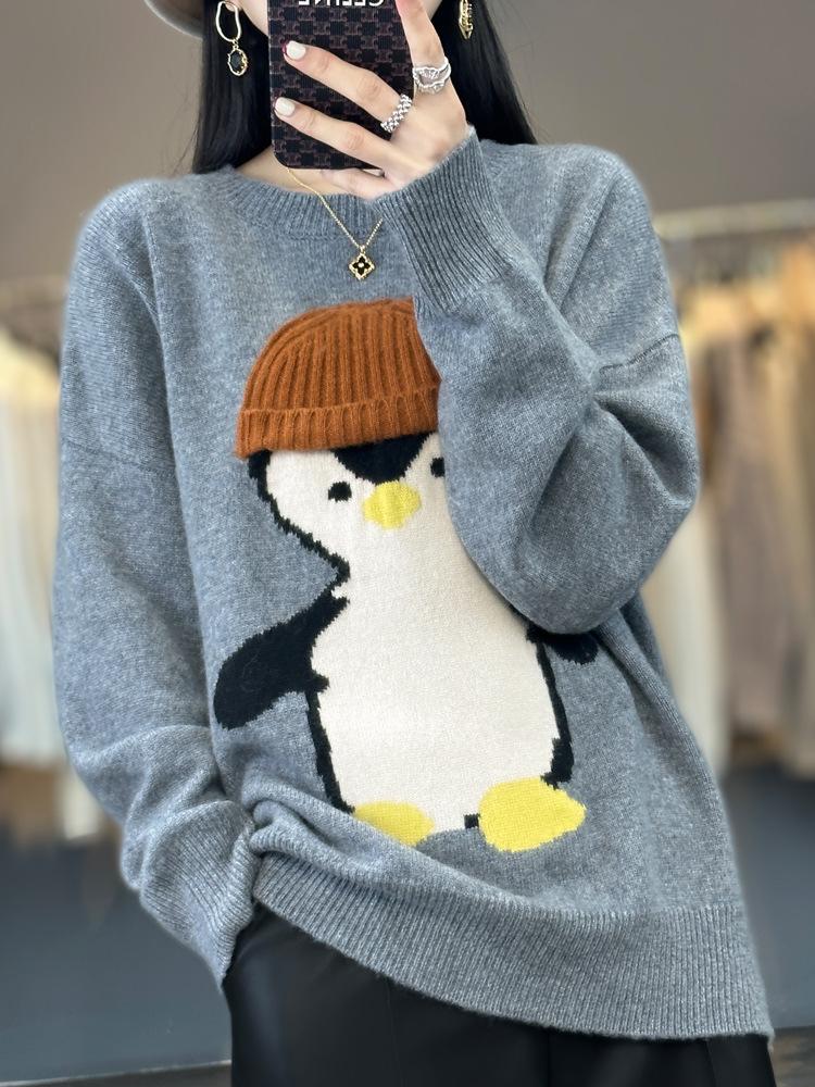 Women's Thickened Loose Cartoon Penguin Wool Sweater, Autumn/Winter, Color Block, Round Neck.