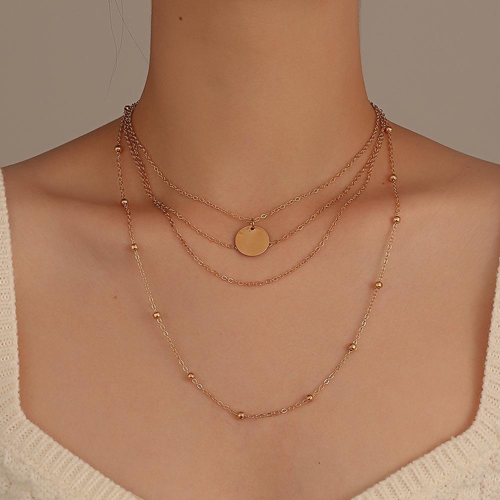 Boho Gold Color Multi-Layer Round Piece Long Necklace for Women Vintage Geometric Metal Round Bead Tassel Necklace Jewelry Gifts
