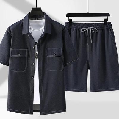 Mladistvý styl 11XL Velká džínová košile Pánská letní pletená džínová košile Ležérní šortky Oblek