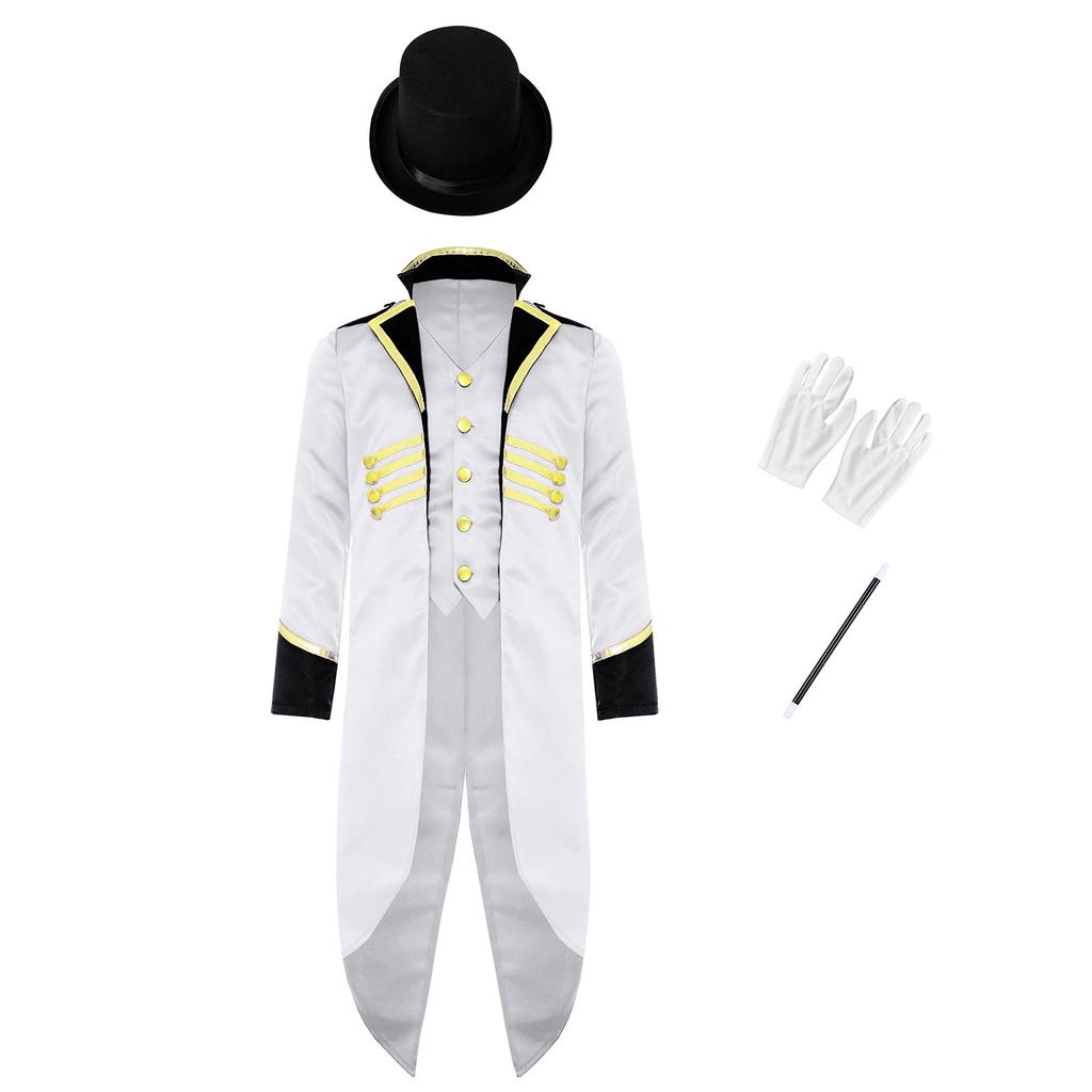Dětský viktoriánský steampunkový kostýmový set Čtyřdílný smokingový frak s cylindrem, rukavicemi a kouzelnickou hůlkou Maškarní