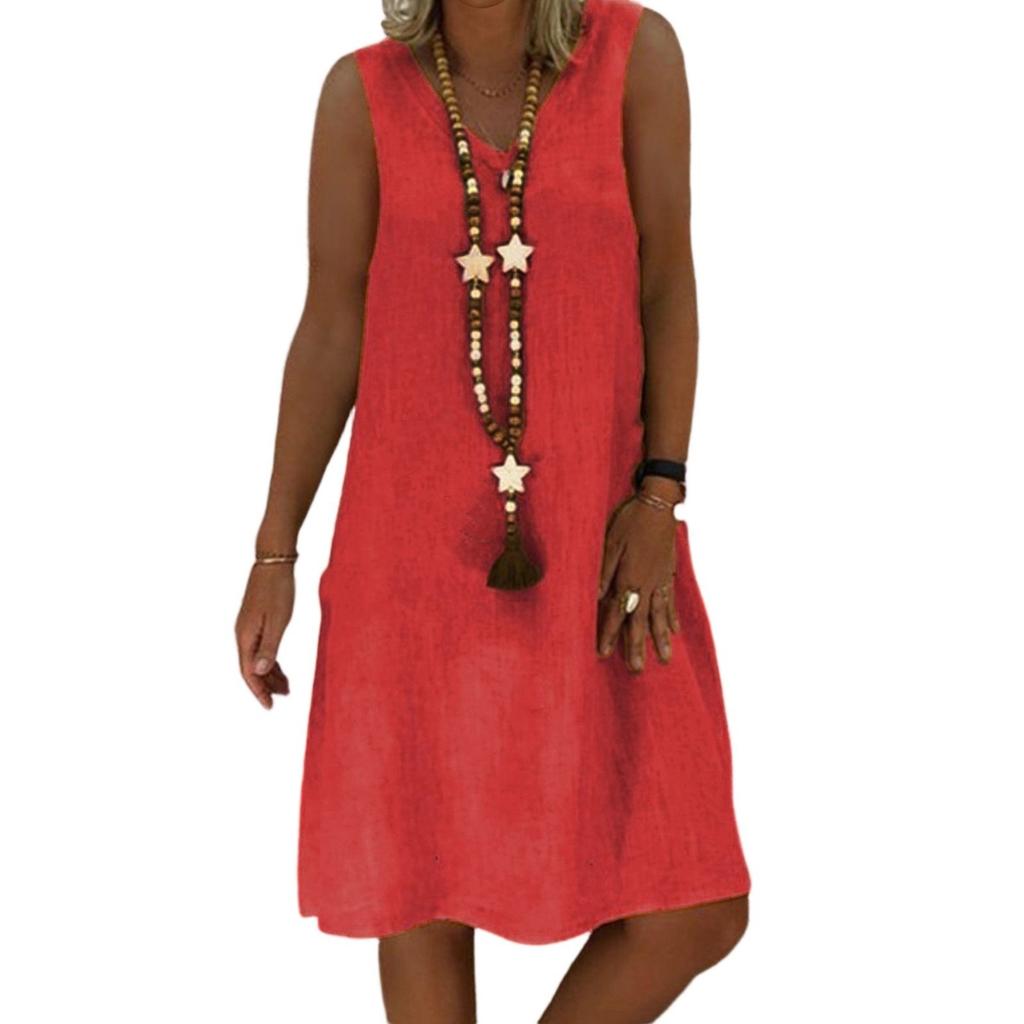 Women's Dresses Color Vintage V-Neck Cotton Sleeveless Vest Dresses