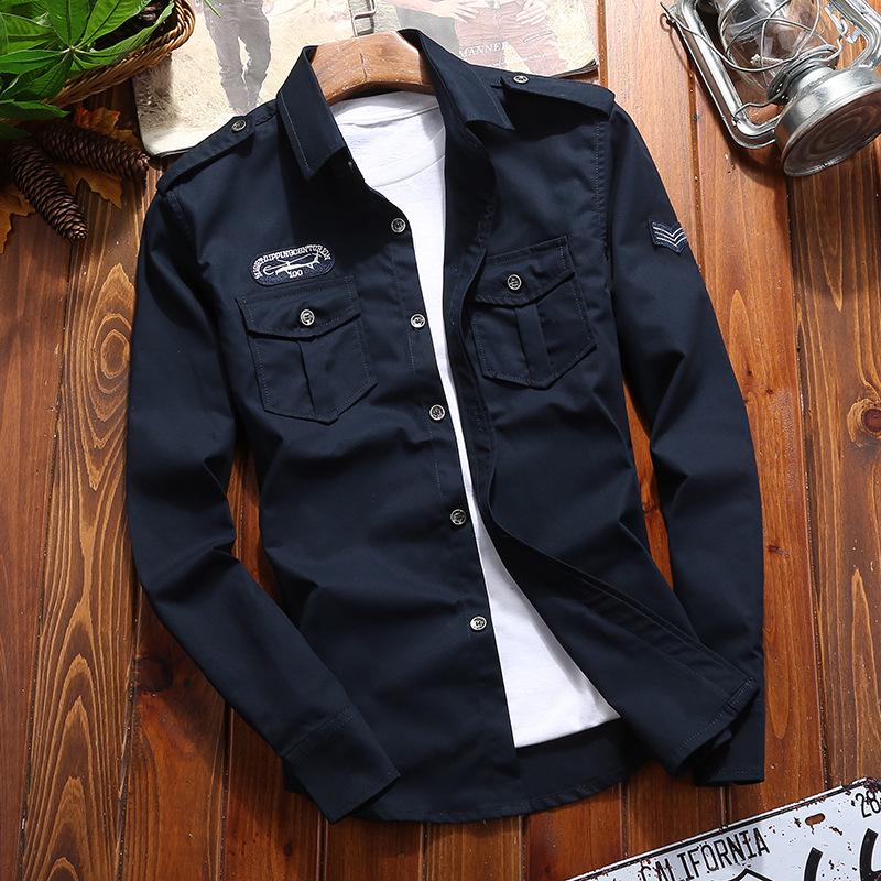 

Мужская рубашка в стиле милитари, деловая повседневная, с длинным рукавом, для весны и осени, для подростков L темно-синий