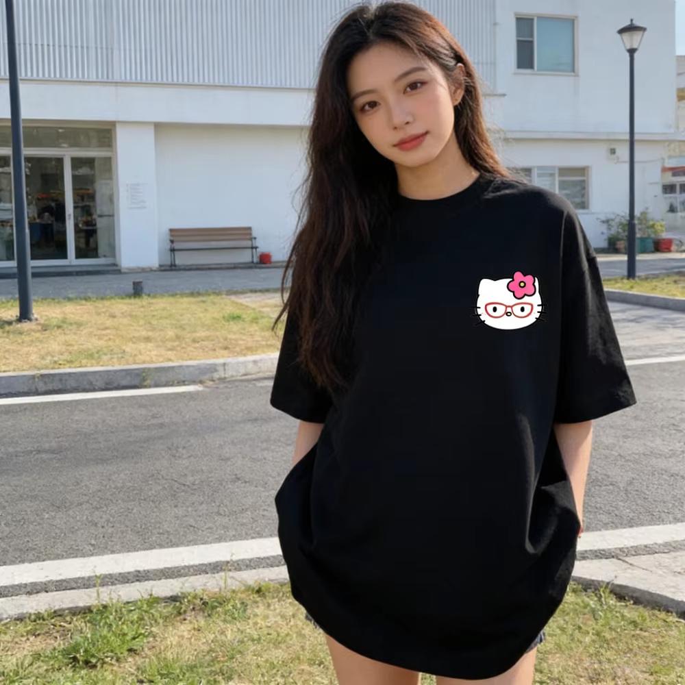 

2026 Summer Hello Kitty Cartoon Printed Short Sleeve Pure Comfortable summer loose Tshirt for Women S