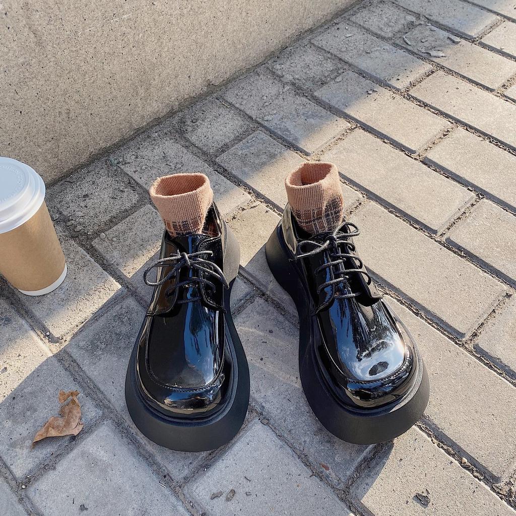 Plateauschuhe Sommer Retro Schnürschuhe Britische Kleine Lederschuhe Damen Weiches Leder Dicke Sohle Einzelne Schuhe Runde Zehen Große Zehenschuhe
