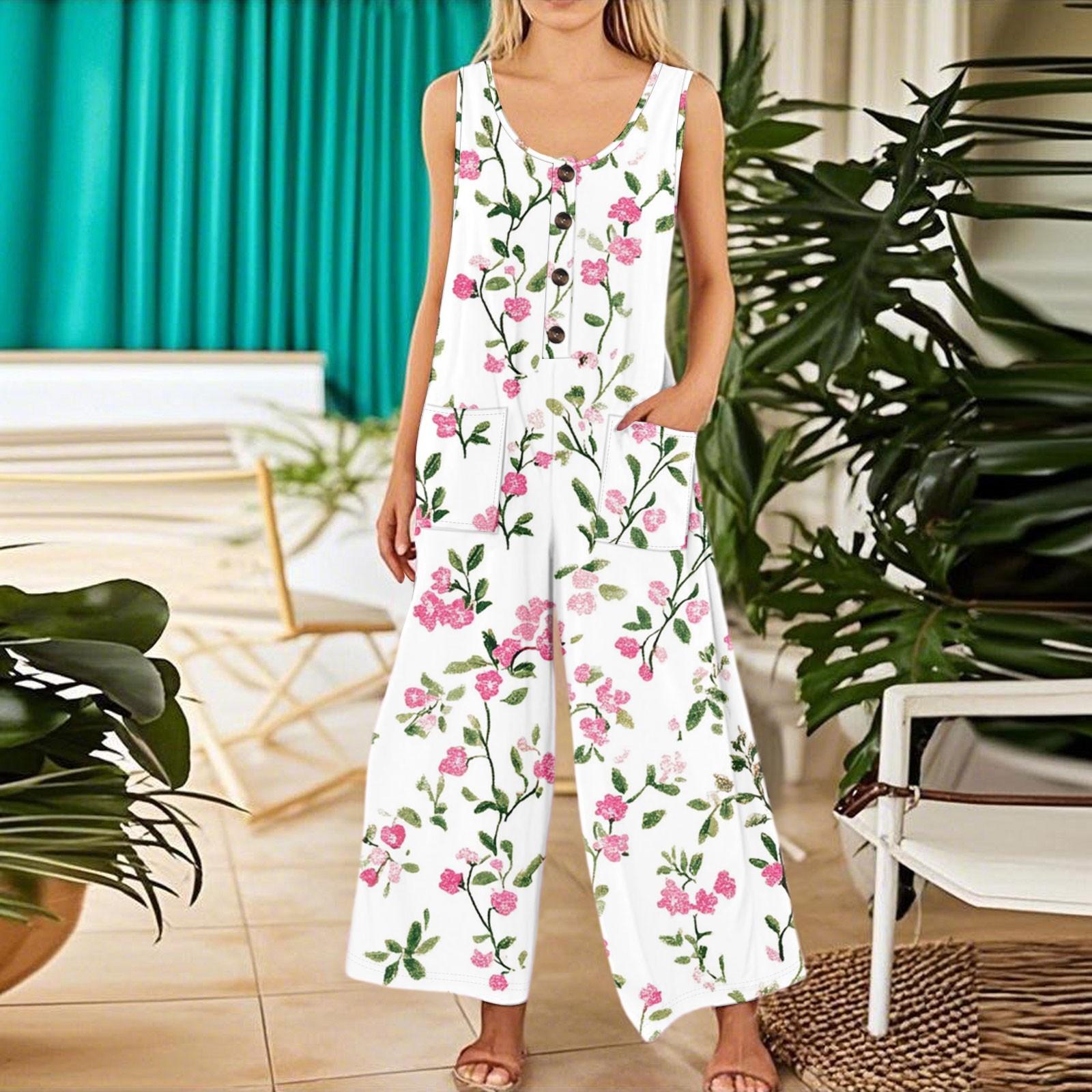 

Женский модный повседневный комбинезон без рукавов с пуговицами и цветочным принтом, хлопковый комбинезон с карманами XL белый