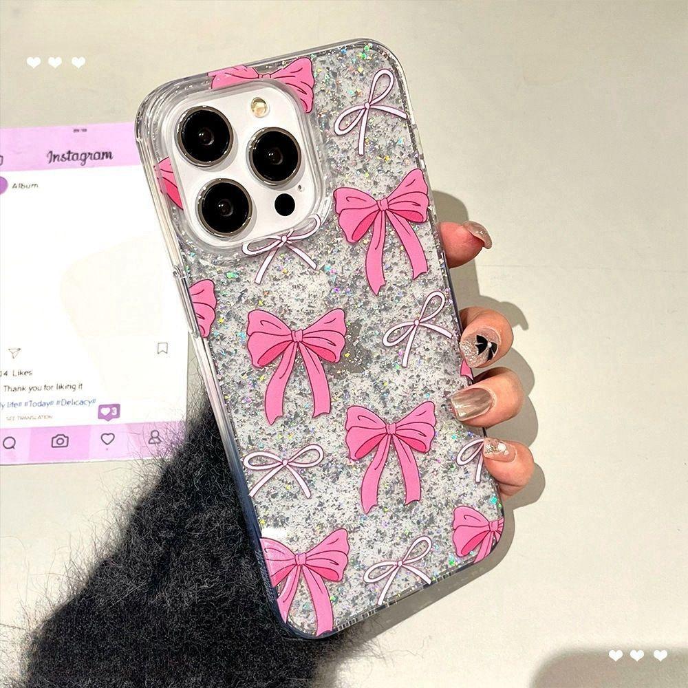 Pink bow for Apple 16 mobile phone case iPhone17promax glitter IMD15 silver foil 13/14 women
