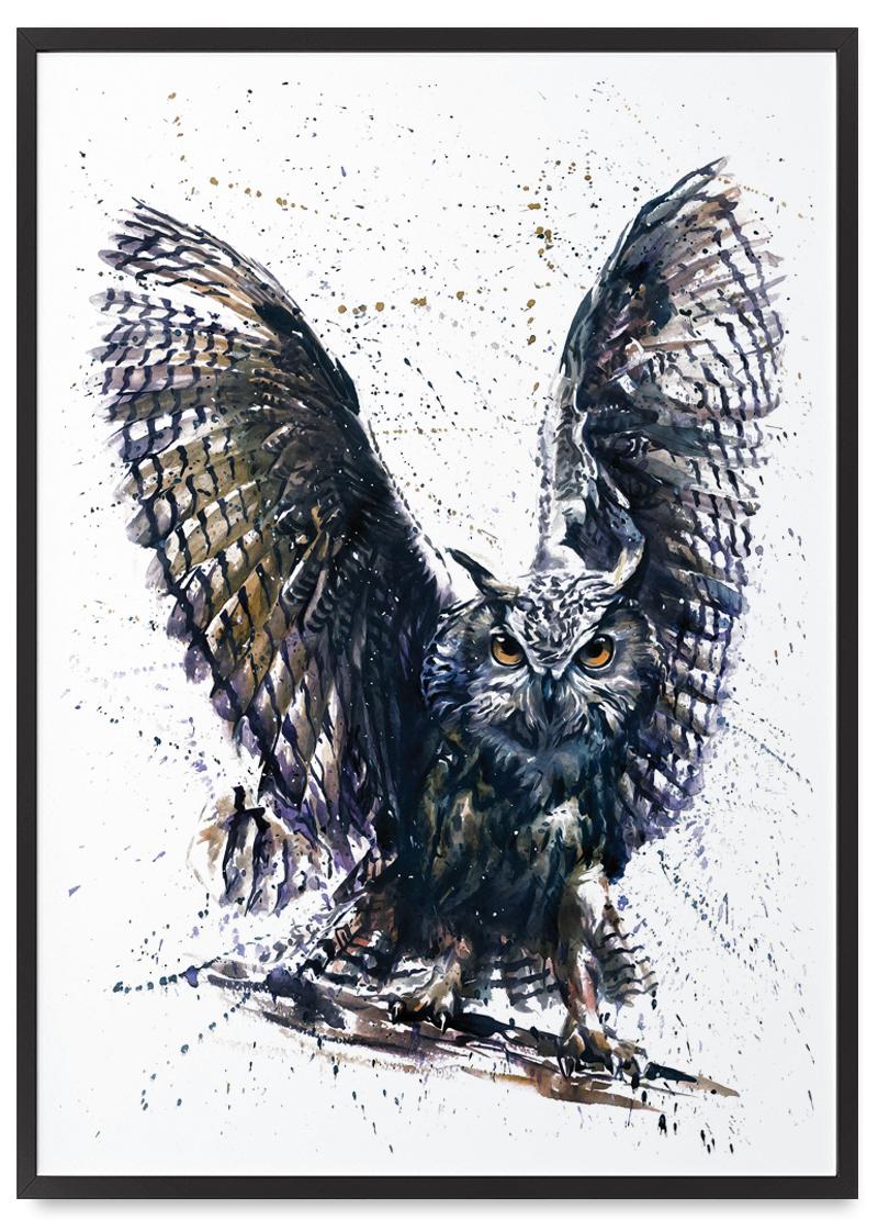 

Plakat sowa abstrakcja akwarela w czarnej ramce 21x30 cm