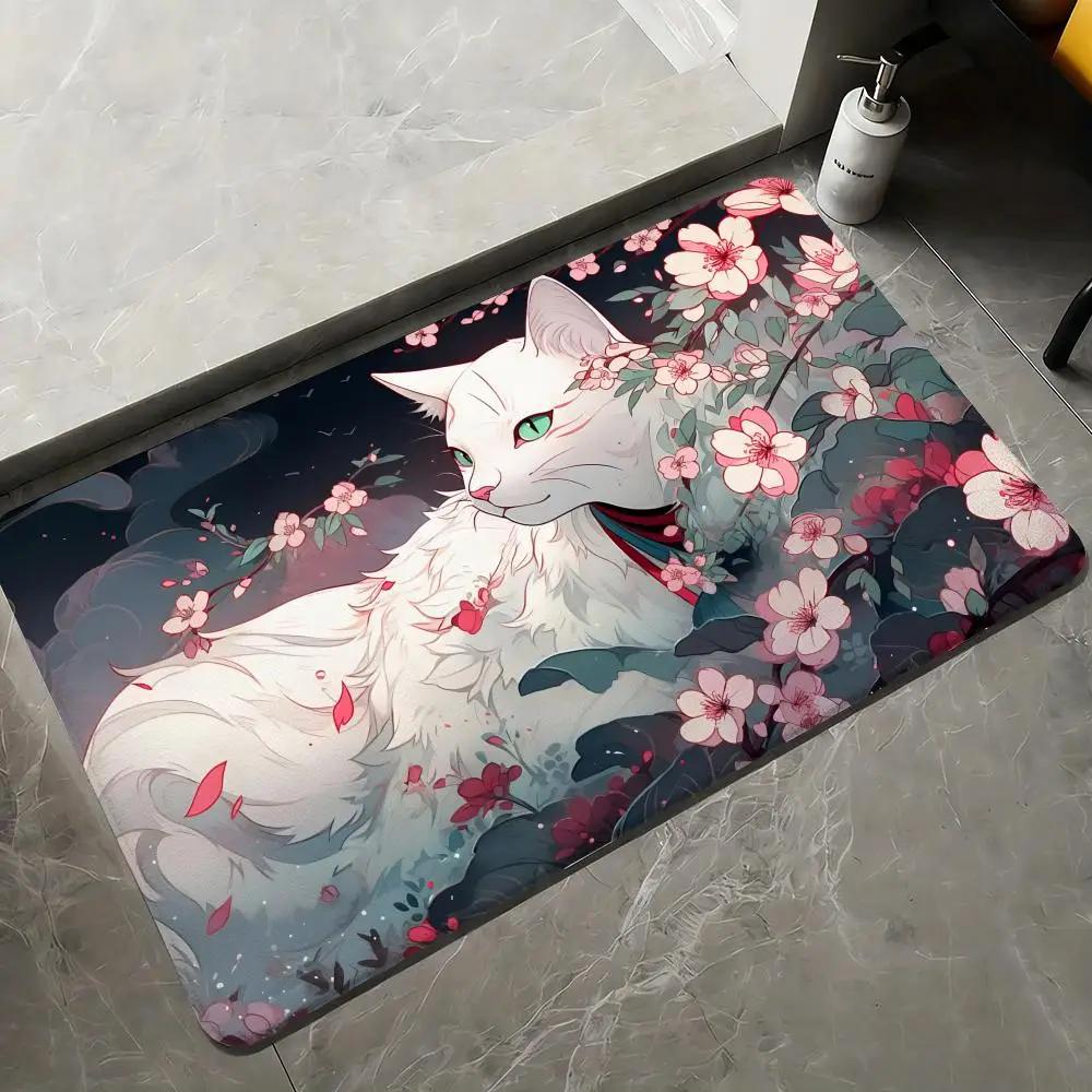 Cute Hand Drawn Black Cat Book Print Doormat Non-Slip Absorbent Washable Floor Mat for Bathroom Entryway Cat Lovers