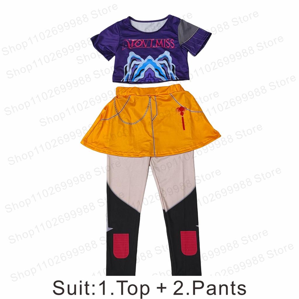 Neues K-Pop Dämonen-Thema Mira Hunters Cosplay Kostüm mit Perücke Zweiteiliges Set für Mädchen Halloween Karneval Party Auftrittskleid