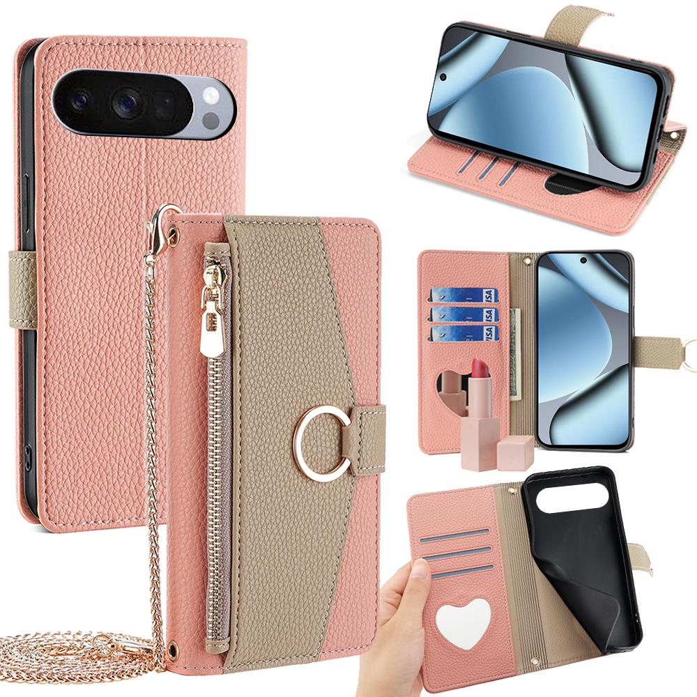

For Google Pixel 10 Pro XL Case Mirror Wallet Leather Phone Cover with Chain Shoulder Strap