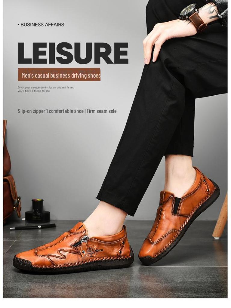 Men's Spring & Autumn Slip-On Fashionable Zipper Leather Loafers - Toe Design, Casual, Handmade, Large Sizes Available