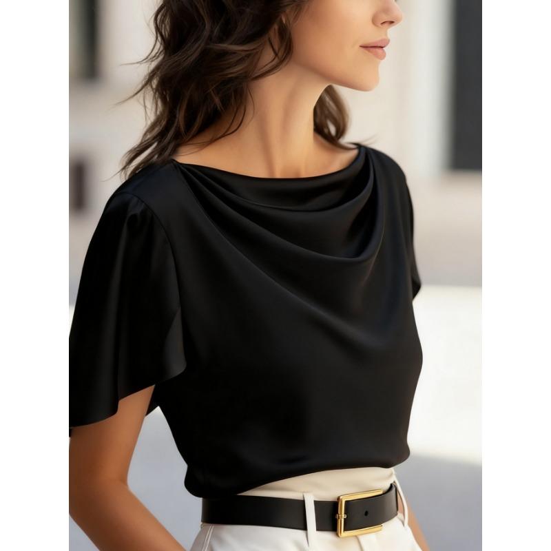 Summer New Style Satin Imitation Silk Swag Collar Drape Short-sleeved Top Casual Shirt for Women