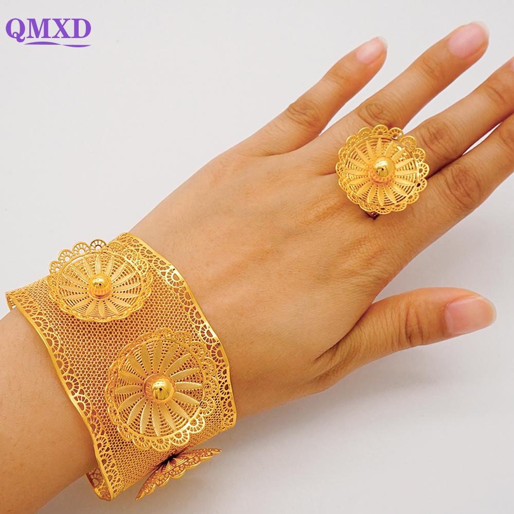 Dubai Gold Color Bangle With Ring For Women Charm Chain Cuff Bracelet Indian Bracelet Arabic France Bridal Wedding Jewelry Gifts