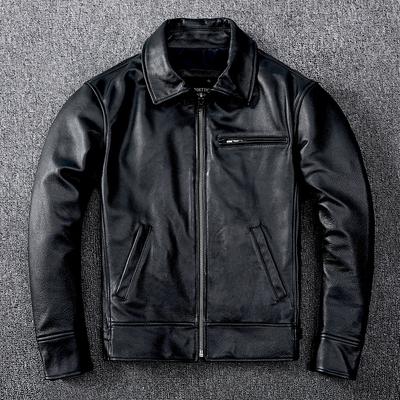 Leather Tailored Casual Leather Jacket with Lapel for Young Men