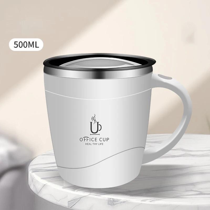 500ml Coffee Mug 304 Stainless Steel Double Layers Coffee Cup with Handle Leak-Proof Slide Cover Portable Thermal Water Bottle