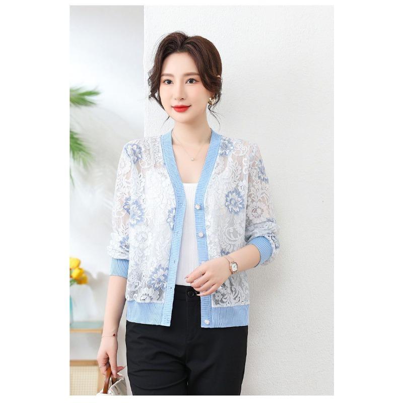 Strickjacke mit V-Ausschnitt Sonnenschutzkleidung für Damen 2025 Dünne Spitze Locker Durchbrochen Langärmeliges Kurzes Oberteil