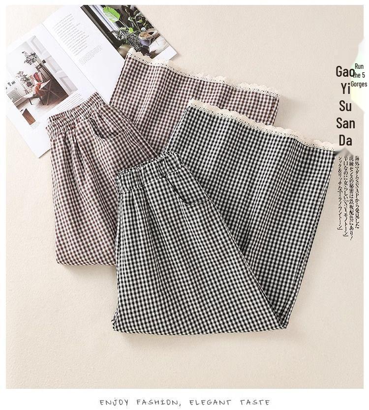 Women's Retro Lace Patchwork Plaid Wide-Leg Pants - Black & White, Casual, Nine-Tenths, Spring/Summer Fashion.