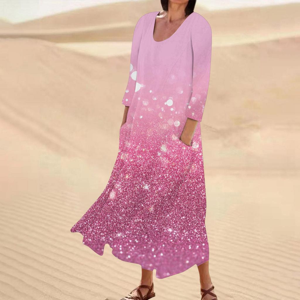 Rochie casual de damă cu imprimeu floral, mânecă trei sferturi, buzunare confortabile