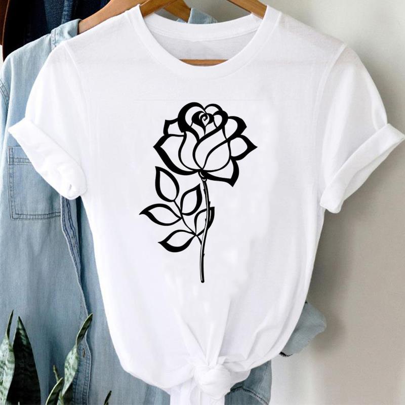 (Asian Size)  Clothing Tee Print Lady T Shirt sweet flower trend 90s Fashion Women Casual Top Short Sleeve Female Graphic T-shirts