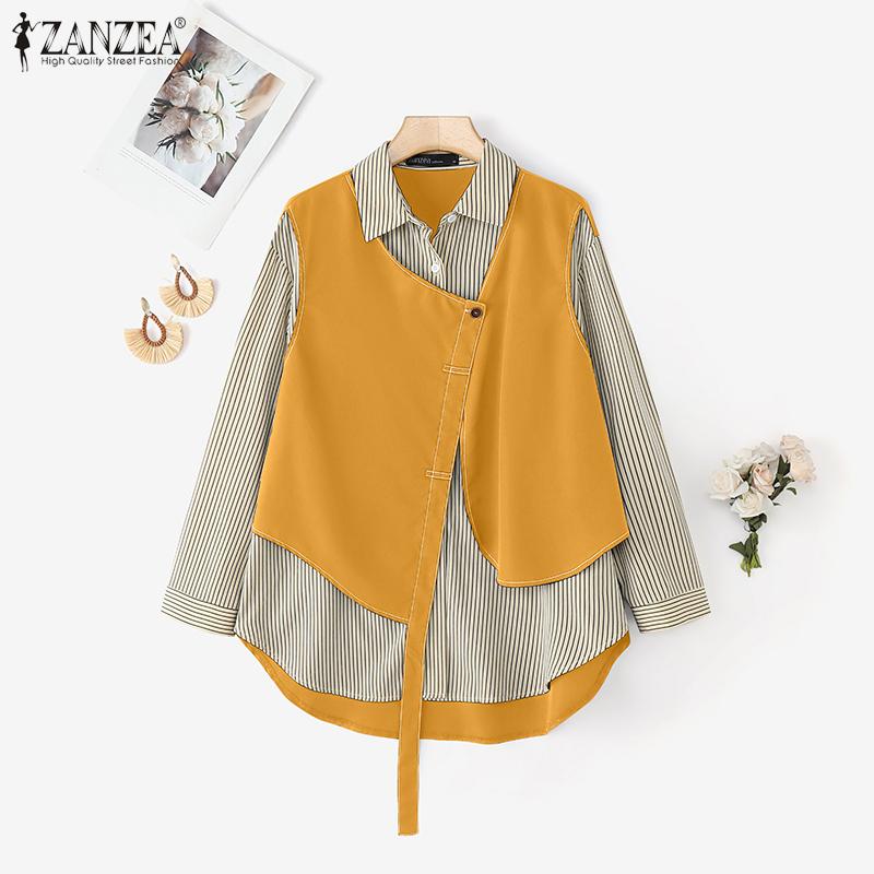 ZANZEA Women Casual Stripe Print Patchwork Loose Long Sleeve Blouse