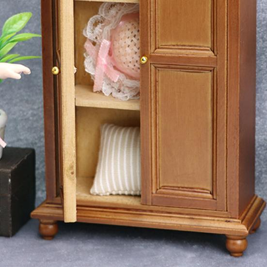 Miniature Wooden Wardrobe Retro Meticulous Workmanship Minimalistic Dollhouse Wooden Upright Wardrobe for 1/12 Doll House