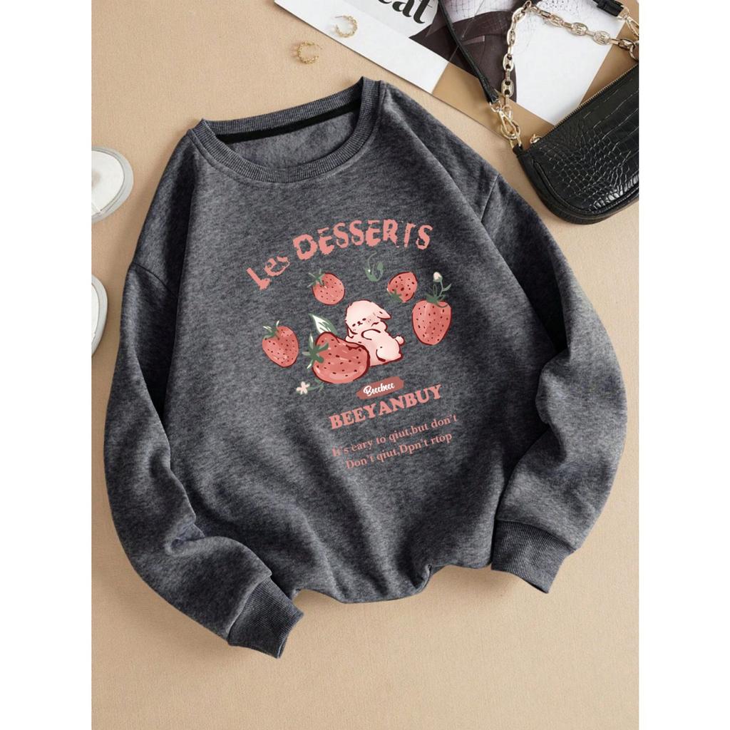 Autumn Women's Hoodie Cute Strawberry And Rabbit Printing Sweatshirt Warm Fleece Comfortable Pullover Fashion Female Clothes