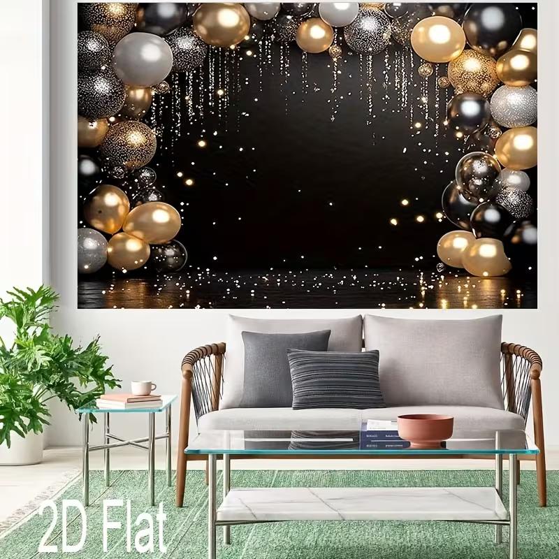 2D Black Gold Balloon Glitter Backdrop for New Year Birthday Prom Party Decor
