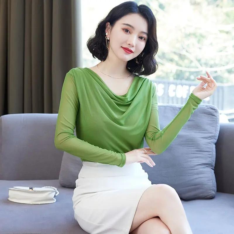 T-shirt Women's Long-sleeved Fashionable Base Shirt New Autumn and Winter Mesh Large-size Top Temperament