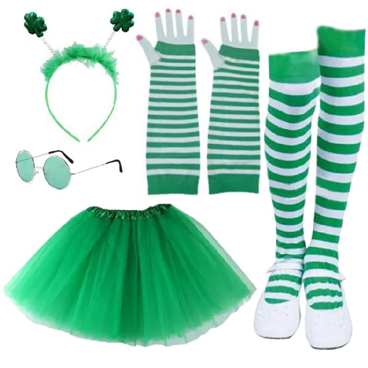 Irish Makeup Up Party Costume for Women Patrick Day Costume Includes Skirt Headband Glasses Long Glove Leg Sleeve