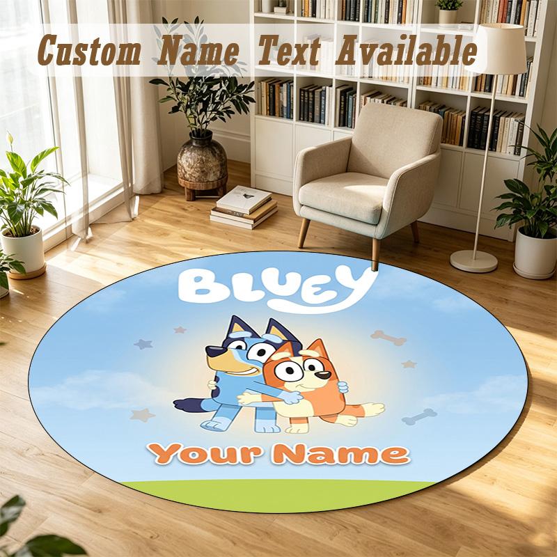 Round Rug Custom NameBluey Pattern Non Slip Carpet Home Floor Decor