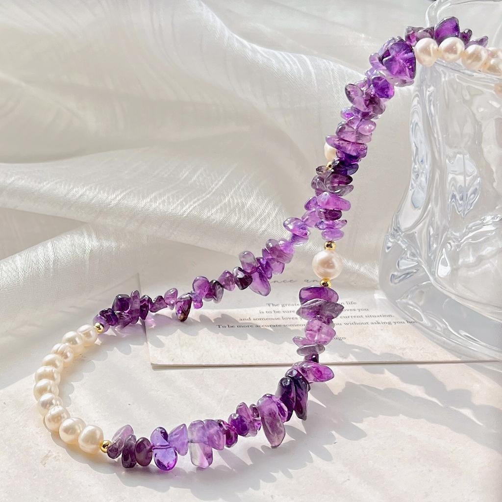 Vind Vintage Naturlig Högkvalitativ Sötvattenspärla Ametist Design Nyckelbenskedja Halsband Trohet