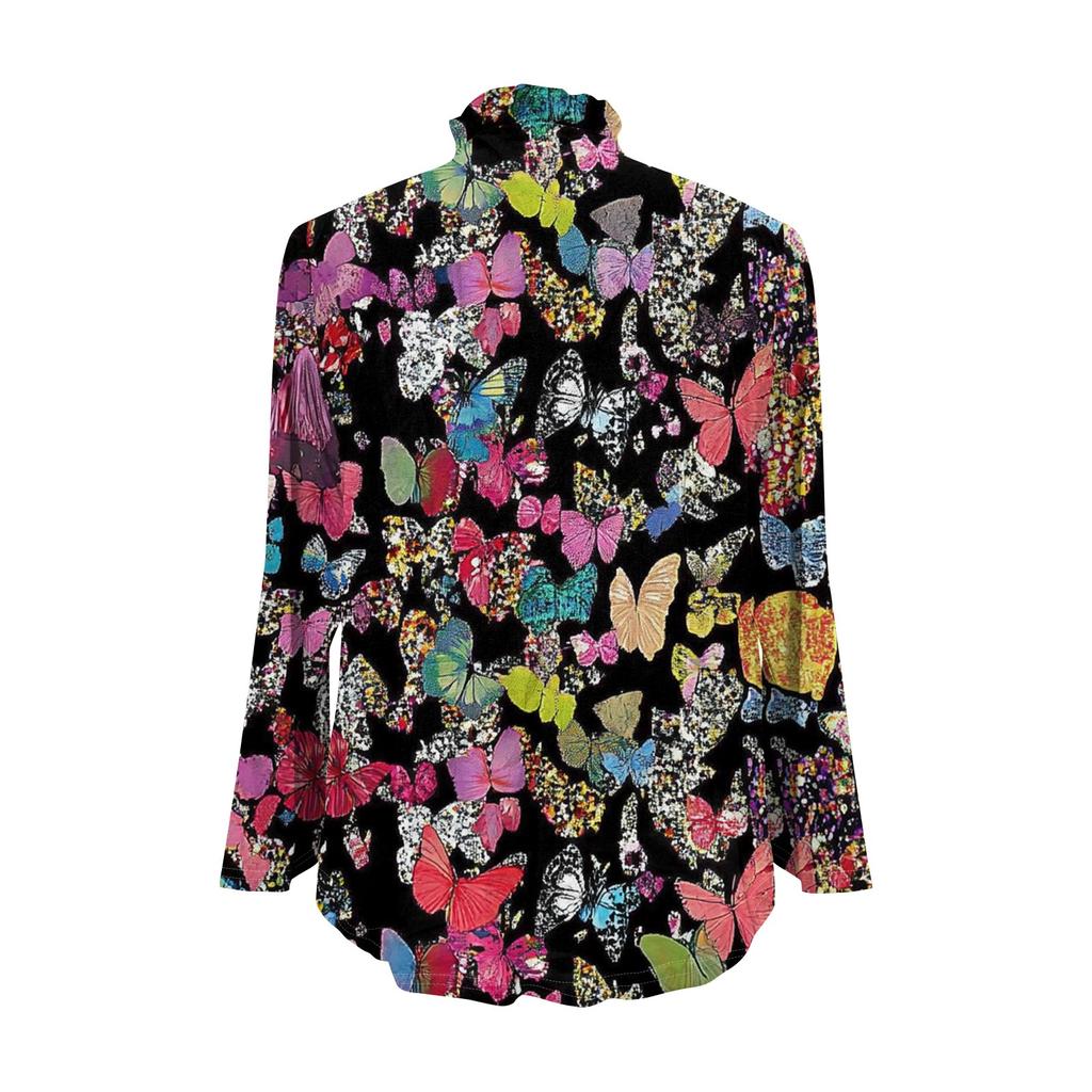 Women's Loose Ruffled Retro Floral Print Stand Collar Long Sleeve Cotton And Linen Top